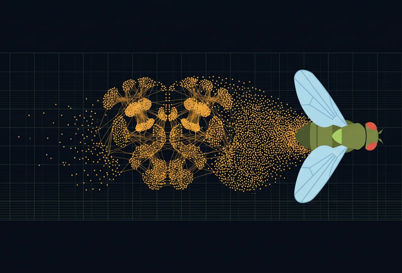 The central brain of Drosophila melanogaster drawn as a cloud of connected
                 neurons, and the fly it belongs to.